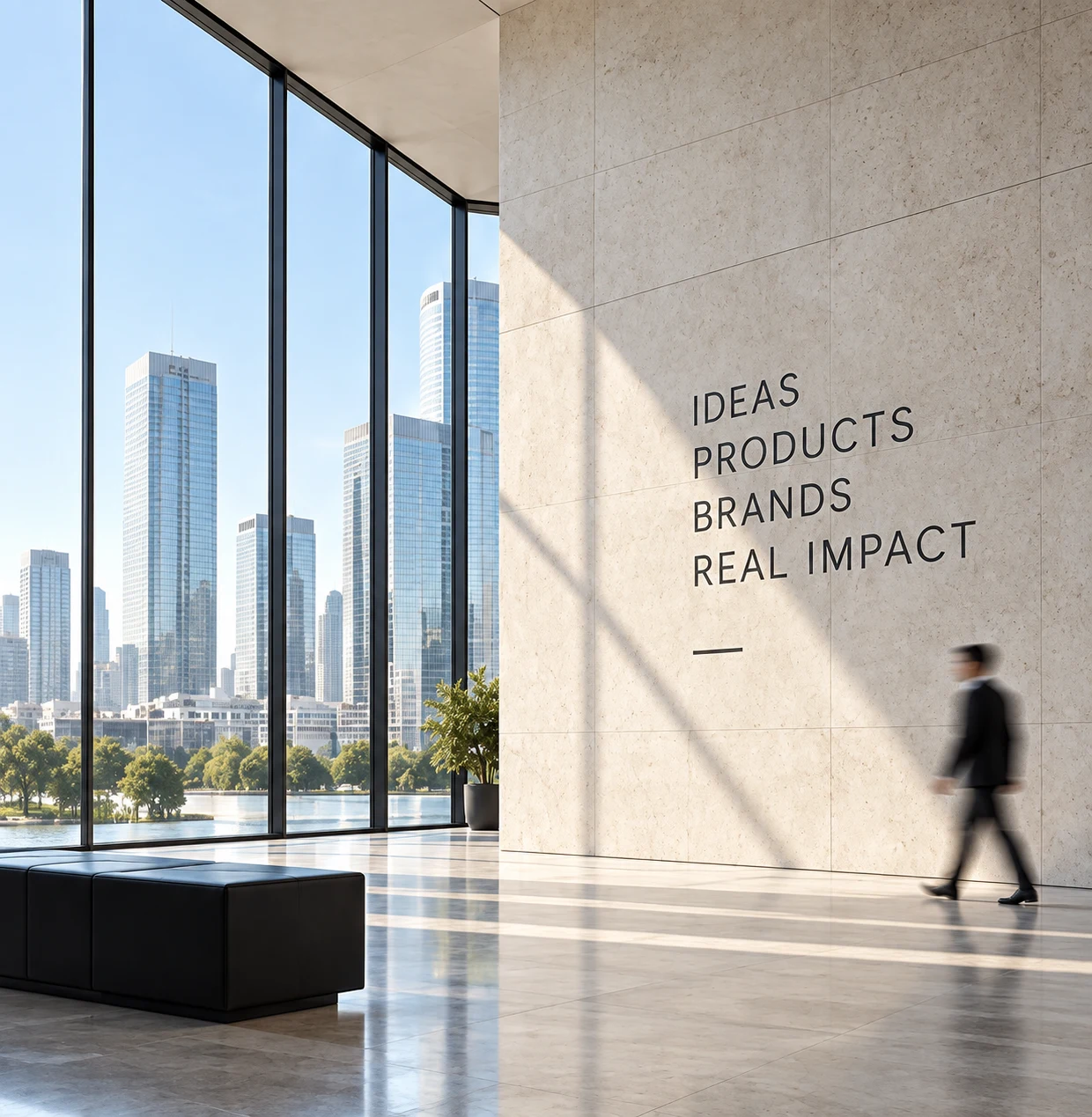 Modern business interior overlooking a city
